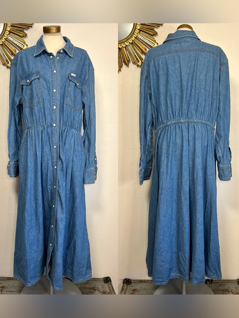 Wrangler + Staud Denim Button-Front Midi Shirt Dress - Picture 2 of 13